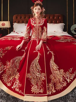 2023 Naujas Aukštos Klasės Prabangos XiuHe Vestuvių Kostiumą Stiliaus Kinijos Drakonas Phoenix Pokylių Vintage Suknelė Siuvinėta Cheongsam HanFu Suknelė