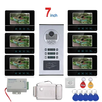 7 colių Jutiklinis Mygtukas 6 Butas/Šeimos Vaizdo Duris Telefono Ryšio Sistemos, RFID 1000TVL Doorbell Kamera +Elektros Strike Užraktas