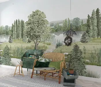 Campagne Naturel kraštovaizdžio ekrano užsklanda su šviežia žalia krūmų ir didelis kaimo pievos su medžių panoraminis aplinka