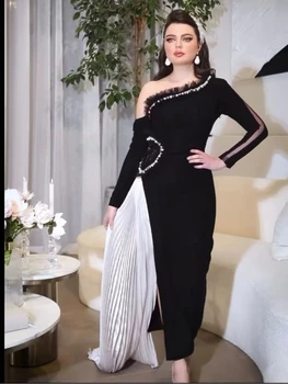 Derliaus Juoda Balta Vakarinę Suknelę Saudo Arabijos Moterys Šalis Dėvėti Prom Puošnios Suknelės Iškirptę Klostes Pusėje Ritininės Dubajus Chalatai