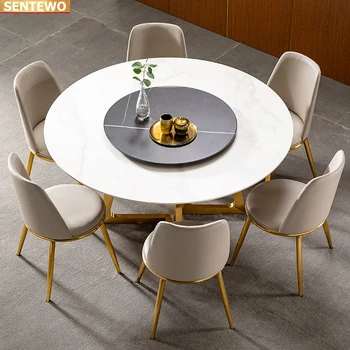Dizaineris Prabangus turas Marmuro Uolos Plokštė valgomojo stalo rinkinys 4 6 kėdės mesa tavoli baldai meuble marbre Nerūdijančio plieno aukso bazės