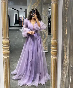Elegantiškas Ruffles Prom Dresses 2023 Sluoksniuotos ilgomis Rankovėmis V-kaklo-Line Grindų ilgis Pritaikoma Arabija Oficialus Suknelės
