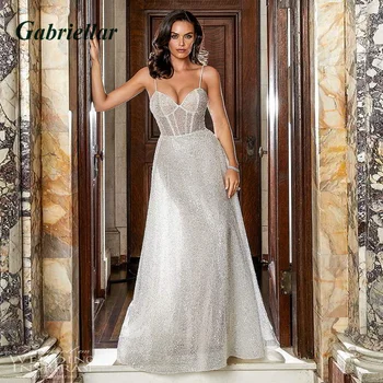 Gabriellar Paprasta Blizgučiai Tiulio A-line Wedding Dresses 2023 Spagečiai Dirželiai V-kaklo Backless Rankovių Mygtuką Vestido De Noiva