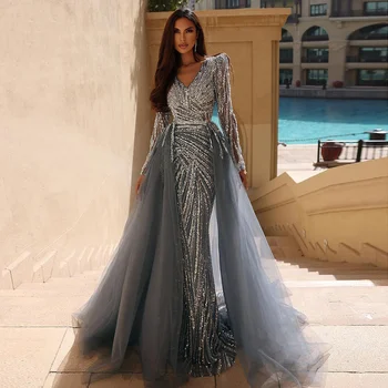Giedras Hill Dubajus Undinė Puošnios Prabangios Mėlynos Musulmonų Vakaro Suknelės Chalatai, su Nuimamu Sijonu 2023 Moterų Šalis LA71750