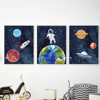 Kosmoso Astronautas Planetos Raketų Žemė Star Vaikų Darželio Sienos Meno Tapybos Drobės Plakatai Ir Spausdina Sienos Nuotraukas Kūdikių Vaikai Kambario Dekoro