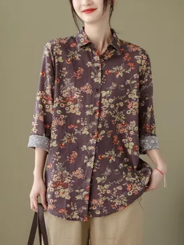 Moterų Ilgas Rankovėmis Atsitiktinis Marškinėliai Naują Atvykimo 2023 Pavasario Vintage Stiliaus Gėlių Spausdinti Prarasti Moterų Medvilnės Skalbiniai Topai Marškinėliai B2368