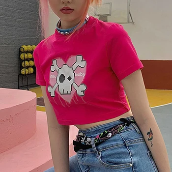 Punk stiliaus saldus viršuje mielas kaukolė animacinių filmų spausdinti kawaii trumparankoviai marškinėliai streetwear vasaros derliaus Harajuku y2k moterys T-shirt