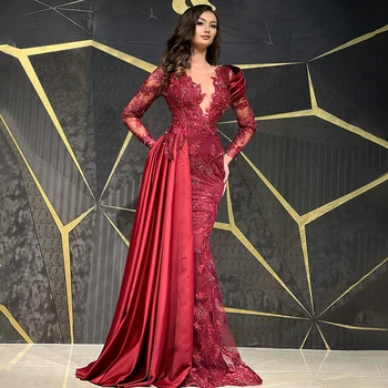 Sexy Nėrinių Aplikacijos Undinė Vakaro Suknelės Ilgomis Rankovėmis Satino Overskirt Elegantiškas Dubajaus Moterų Šalis Suknelė Oficialų Prom Dress