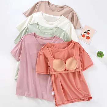 Trumpas Rankovėmis Sleepwear T-Shirt Moterų Krūtinės Pagalvėlės Vasaros apatinio Trikotažo Medvilnės Vienos dalies Pižama Viršūnes Ponios Naktį Nešioti Marškinius