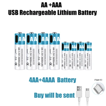 USB AA AAA Baterijos 1,5 V Li-Ion 2600mAh Baterija įkraunama ličio jonų baterija AA 1,5 V USB greito įkrovimo ličio jonų baterija
