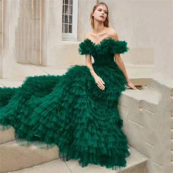 UZN Elegantiškas Tamsiai Žalia Prom Dresses 2023 nuo Peties Tiulio vakarinę Suknelę Ruffles Pakopų Naujas Atvykti Šalis, Chalatai Pasirinktinis Dydis