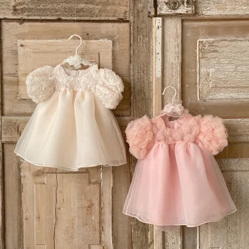 Žavinga Kūdikis 1-asis Gimtadienis Nėrinių Suknelė Mergaitėms 3D Gėlių Sujungimas Tiulio Suknelė Purus Princesė Šalis Suknelė Saldus Kūdikių Vestidos
