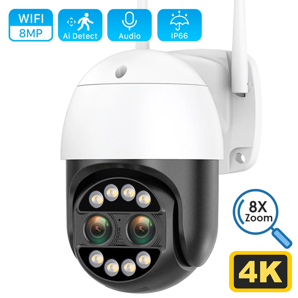 8MP 4K 2.8+12mm Dvigubo Objektyvo PTZ Wi-fi IP Kamera 8x Priartinimas Hybrid AI Žmogaus Aptikimo Garso Lauko Apsaugos Vaizdo Stebėjimo Kameros0