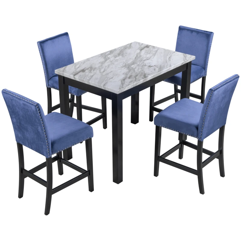 Šiuolaikinės 5-Gabalas Counter Aukštis Valgomasis Stalas Rinkinys su 4 Minkšti baldai, Valgomojo Kėdės, Faux Marmuro Baltas Stalas+Kėdės Mėlyna1
