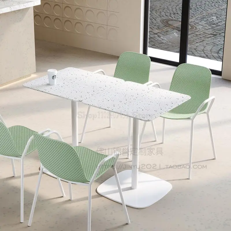 Desertas, pieno arbata parduotuvė baltas stačiakampis stalas lauko kavinė dirbtinio akmens stalo popietės arbata kepimo stalas ir kėdė3