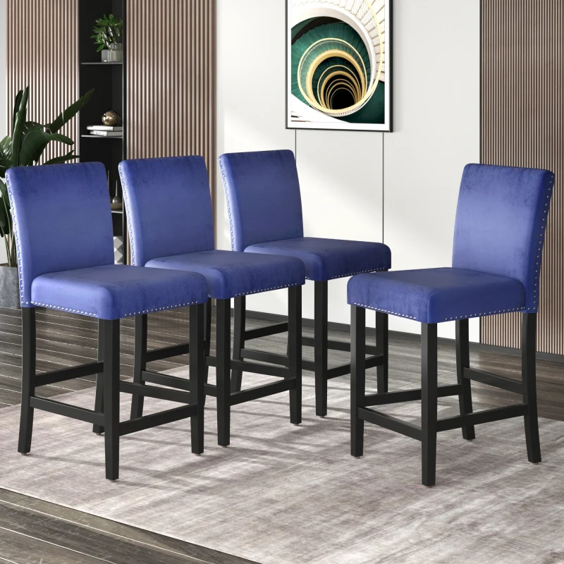 Šiuolaikinės 5-Gabalas Counter Aukštis Valgomasis Stalas Rinkinys su 4 Minkšti baldai, Valgomojo Kėdės, Faux Marmuro Baltas Stalas+Kėdės Mėlyna4